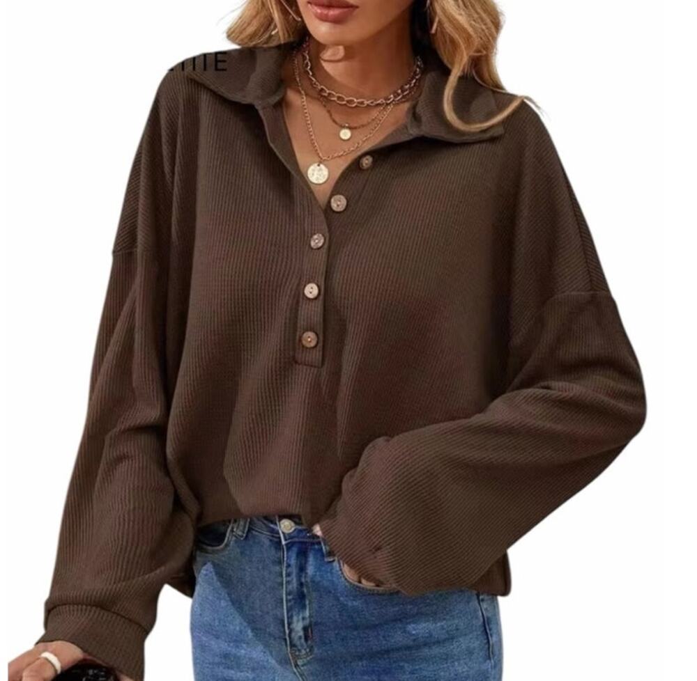 Shein Women's Large Brown Waffle Knit Button Long Sleeve Collar Top